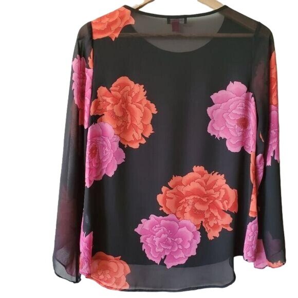Vince Camuto Womens Floral Print Long Sleeve Flowy Blouse Size S Black, Pink, Or - Picture 2 of 7